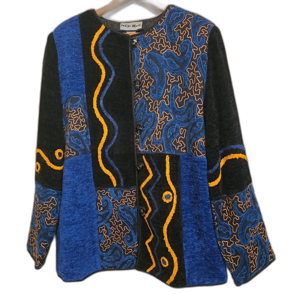 VTG Indigo Moon Jacket Toggle Button Artsy Boho Embroidered Lined SZ Small